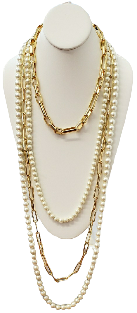 32" Gold Four Row Chain And Pearl Nested Necklace