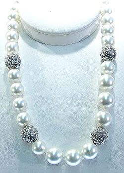 Graduated White Shell Pearl Silver and Crystal Ball Stations and Clasp Necklace