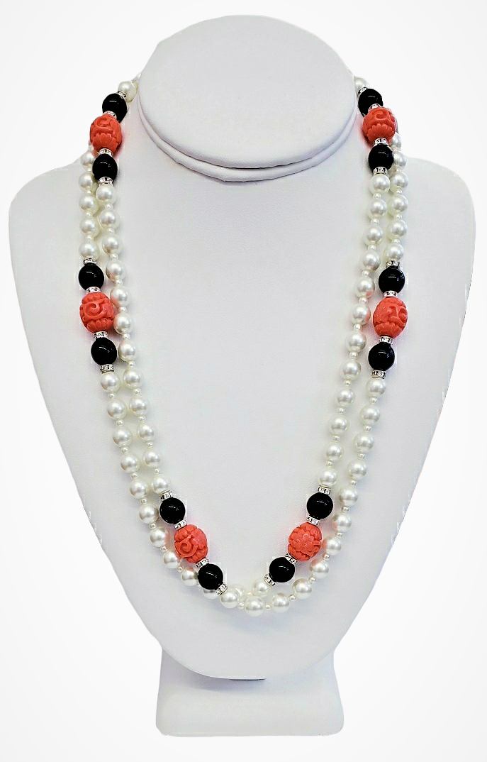 42" Coral And Black Bead Station Pearl Rope Necklace