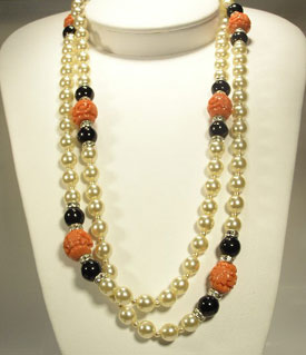 42" Coral And Black Bead Station Pearl Rope Necklace