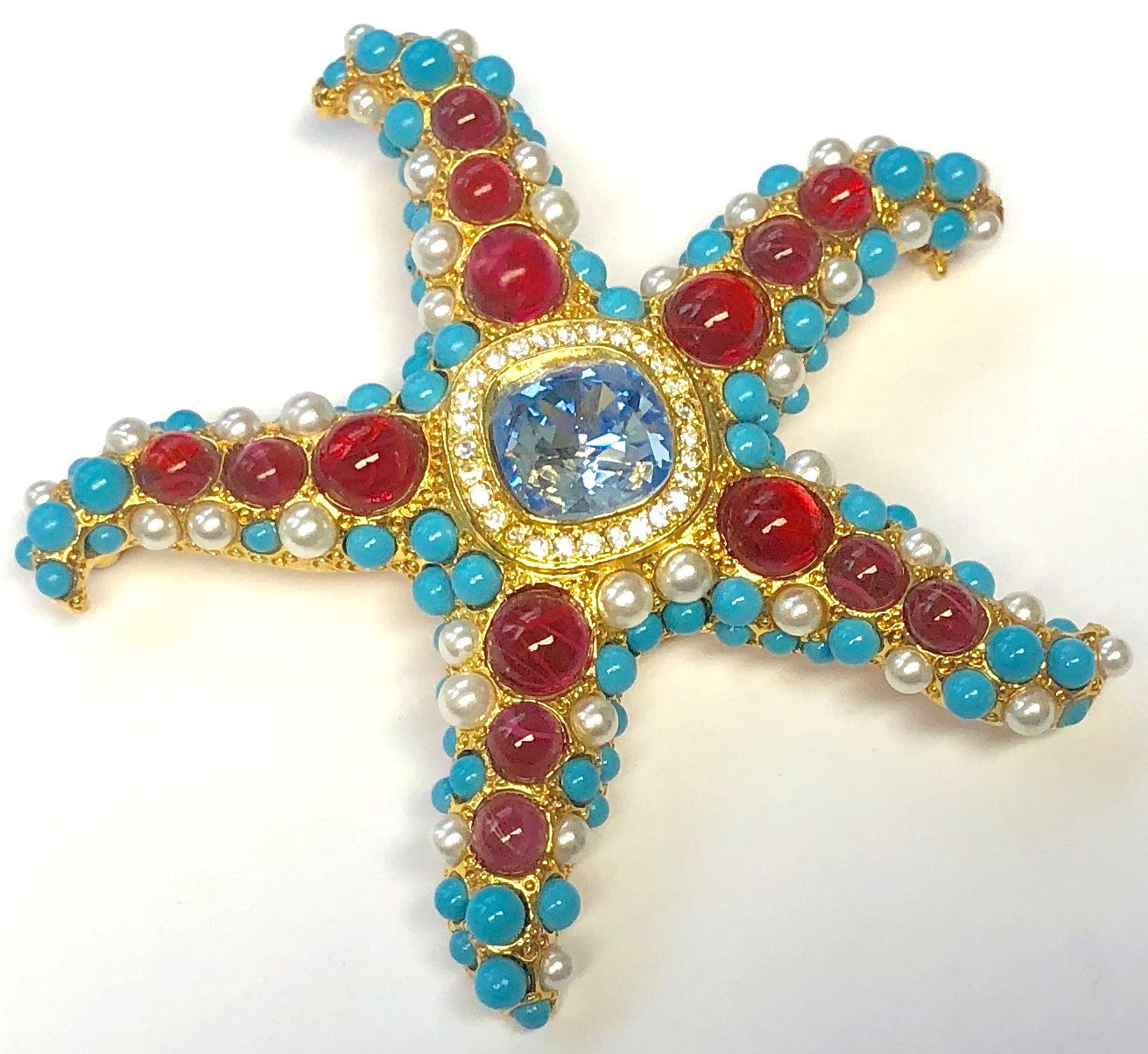 Gold With Turquoise -Pearls-Ruby Cabochons -Aqua Center Starfish Pin