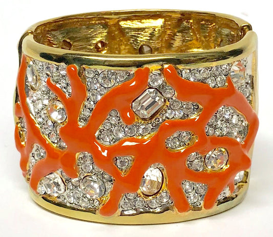 Gold Rhinestones-Coral Enamel Branches Bracelet