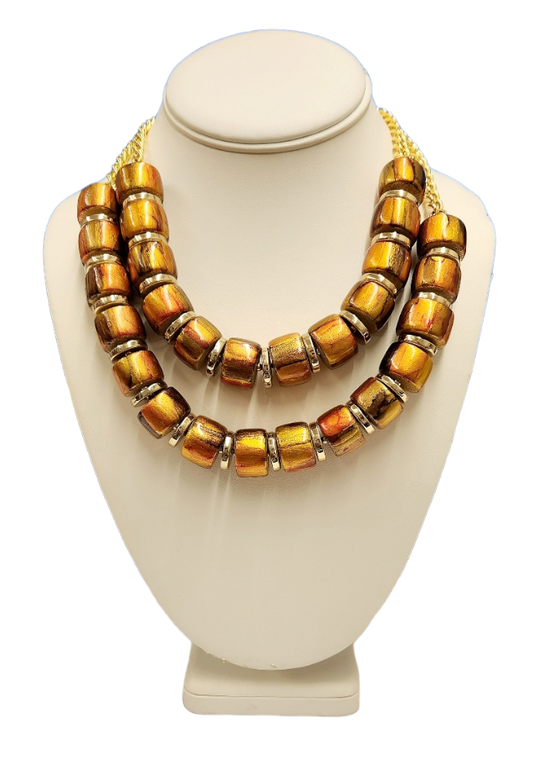 18" 2 Row Brown Bead with Gold Spacers Hook Clasp Necklace