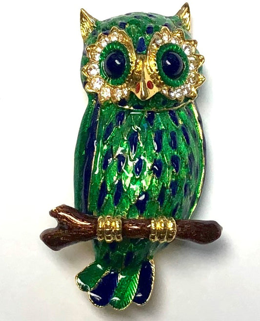 Gold Green Lapis And Brown Enamel Owl Pin