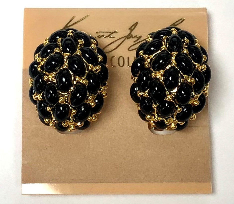 Gold With Black Cabochon Cluster Hoop Clip Earring