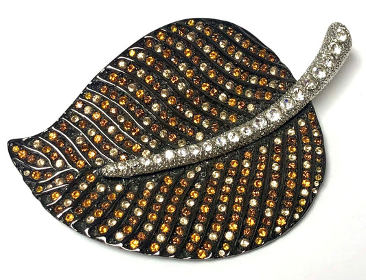 Gunmetal Plate Multi Topaz Pave Silver and Crystal Stem Leaf Pin