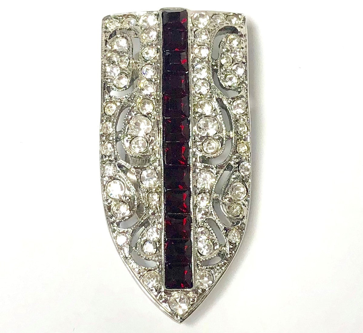 Ruby Bar on Silver and Crystal Deco Pin