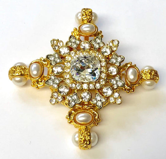 Gold Crystal Pearl Maltese Cross Pin