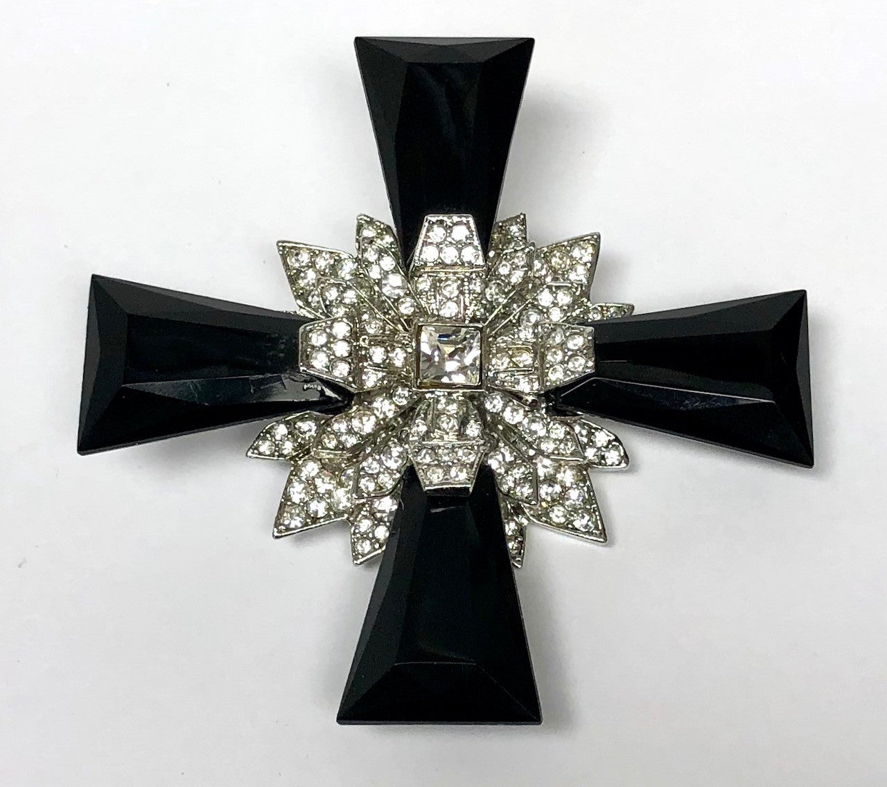 Silver Crystals Jet Maltese Cross Pin