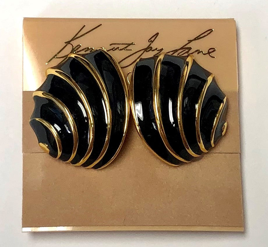 Gold Black Enamel Fan Shell Clip Earring