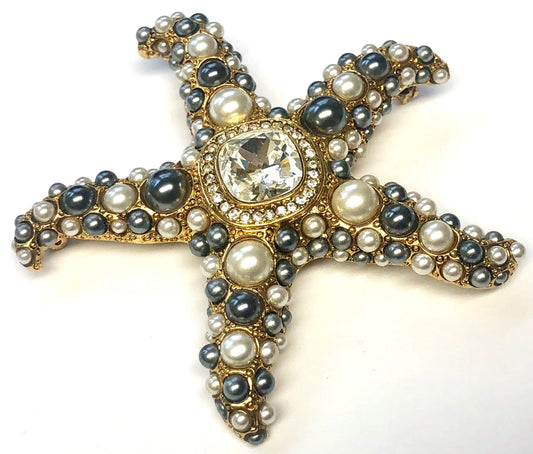 Gold Crystals -White And Grey Pearls Starfish Pin