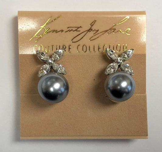 Rhodium Crystal X-Flower Top And Grey Pearl Bottom Clip Earring