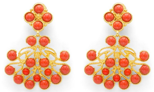 gold-dark coral cab openwork drop pierced ear