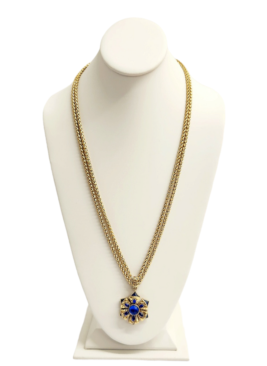 2 Row Light Antique Gold with Sapphire Pendant Necklace