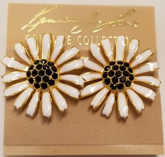 White With Jet Stones Daisy Clip Earring