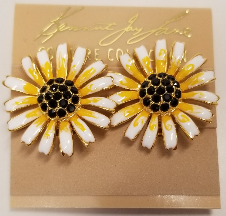 White & Yellow With Jet Stones Daisy Clip Earring