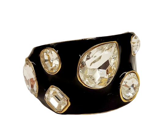 Black Enamel Hinged Cuff Bracelet with Crystal Gem Stones
