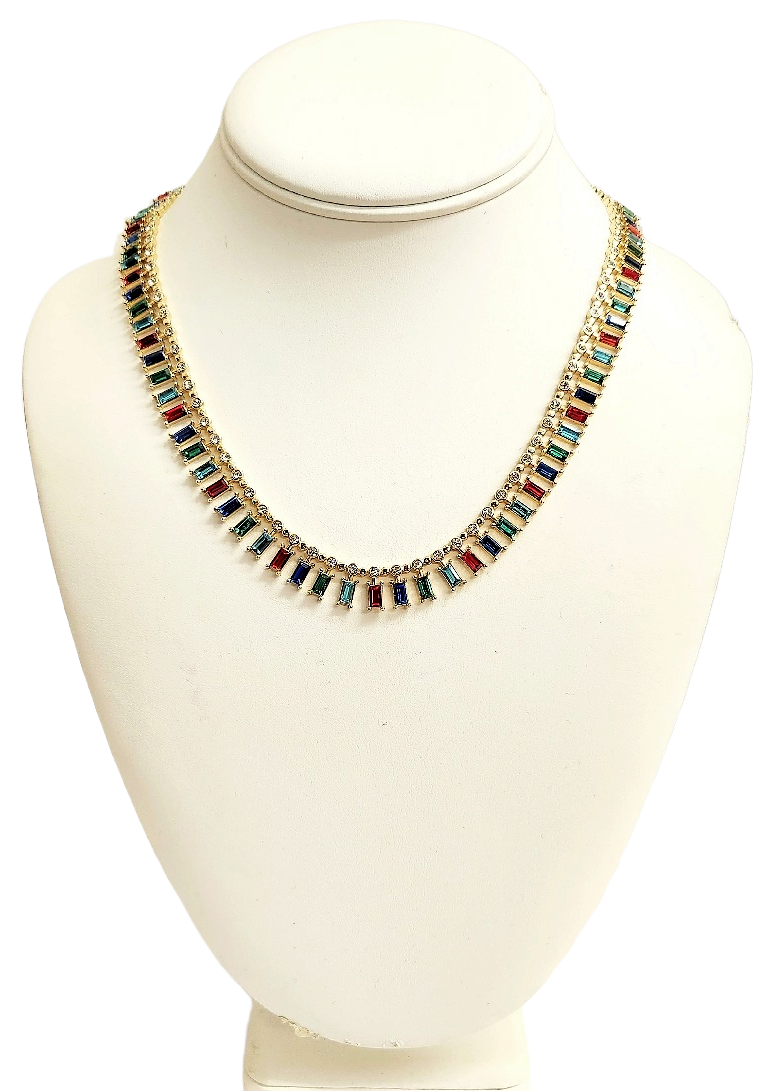 17" Gold with Round Crystal & Multi Color Baguette S Hook Necklace