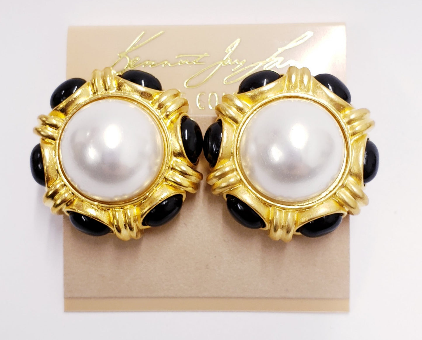 Polished Gold with Black Cabochons & White Pearl Clip Earring