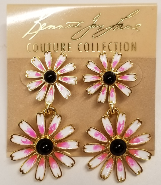 White With Pink Daisy Black Centers Drop Pierced Earring