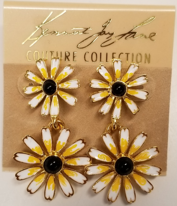 White With Yellow Daisy Black Centers Drop Pierced Earring