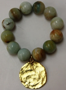 Amazonite Bead and Satin Gold Coin Stretch Bracelet