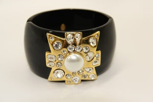 Black Large Gold-Crystal-Pearl Maltese Cross Cuff