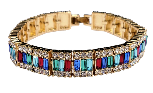 7" Gold with Crystal Trim & Multi Color Baguette Bracelet