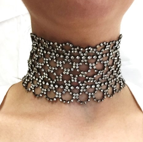 Gunmetal and Crystal Wide Lace Choker