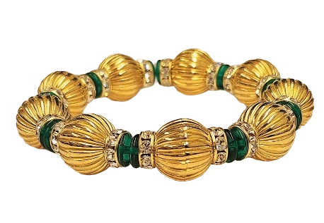 14mm Fluted Gold Beads with Emerald & Crystal Rhondells Stretch Bracelet