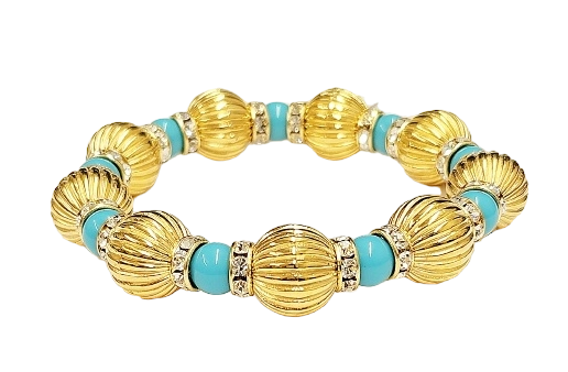 14mm Fluted Gold Beads with Turquoise & Crystal Rhondells Stretch Bracelet