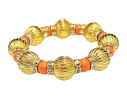 14mm Fluted Gold Beads with Coral & Crystal Rondell Stretch Bracelet