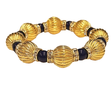 14mm Fluted Gold Beads with Lapis & Crystal Rhondells Stretch bracelet