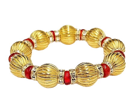 14mm Fluted Gold Beads with Ruby & Crystal Rhondells Stretch Bracelet