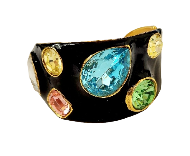 Black Enamel Hinged Cuff Bracelet with Multi Pastel Gem Stones