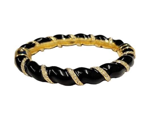 2 1-2" Inside Diameter Gold with Black Enamel & Crystal Twist Magnet Closure Bangle