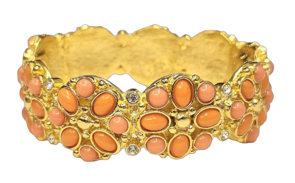 Gold with Rhinestone with Coral Cabochons Magnetic Clasp Bracelet