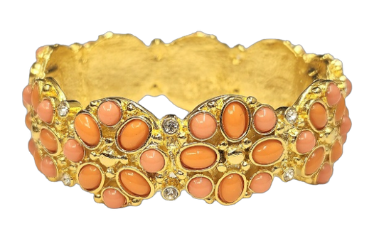 Gold with Rhinestone with Coral Cabochons Magnetic Clasp Bracelet