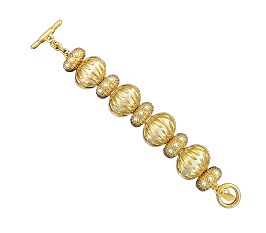 8" Light Antique Gold with Pearl Dot & Centers Toggle Bracelet