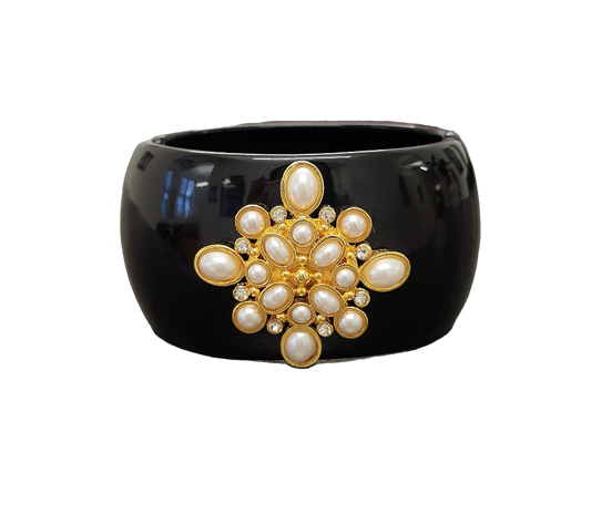 Black Cuff Bracelet with Gold Rhinestone Pearl Cabochon Motif