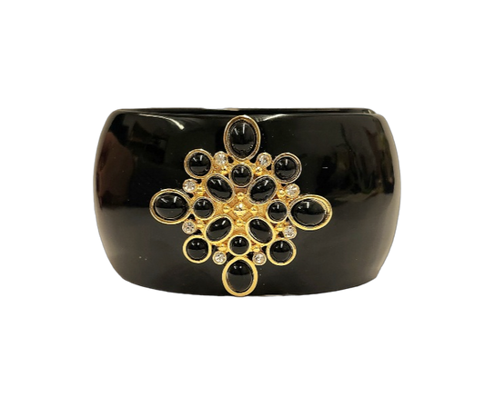 Black Cuff Bracelet with Gold Rhinestone Black Cabochon Motif