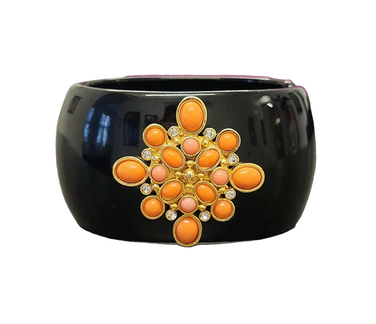Black Cuff Bracelet with Gold Rhinestone Coral Cabochon Motif