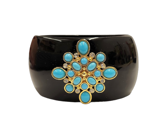 Black Cuff Bracelet with Gold Crystal Turquoise Cabochon Motif