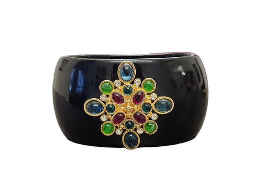 Black Cuff Bracelet with Gold Rhinestone Multicolored Motif