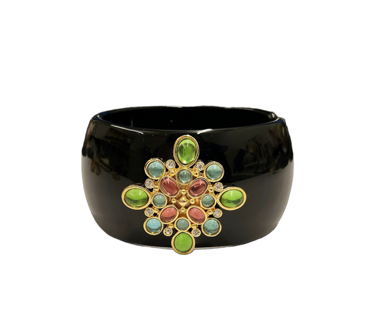 Black Cuff Bracelet with Gold Crystal & Light Multicolored Motif