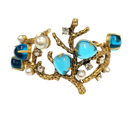 Gold Sea Branch with Pearls- Crystals- Aqua Bracelet