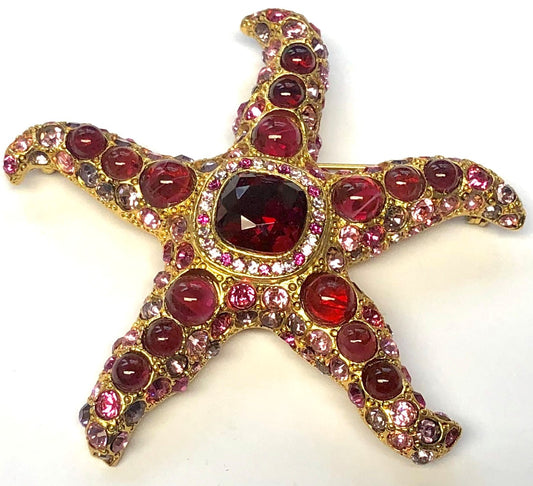 Gold Multi Pink Crystals-Ruby Cabochons Starfish Pin