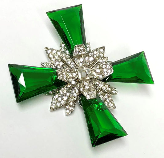 Silver Crystals Emerald Maltese Cross Pin