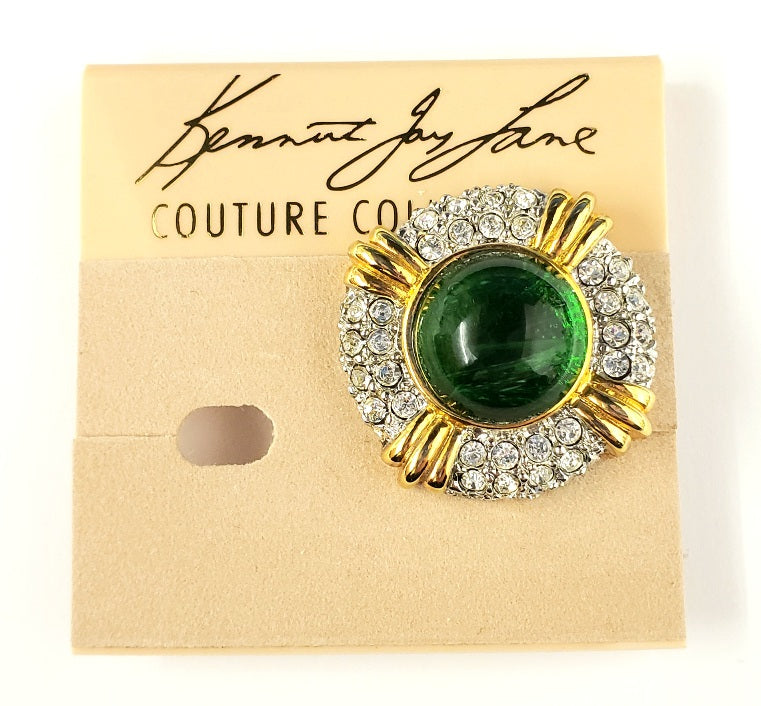 Gold Two-tone Crystal Emerald Center Button Clip Earring