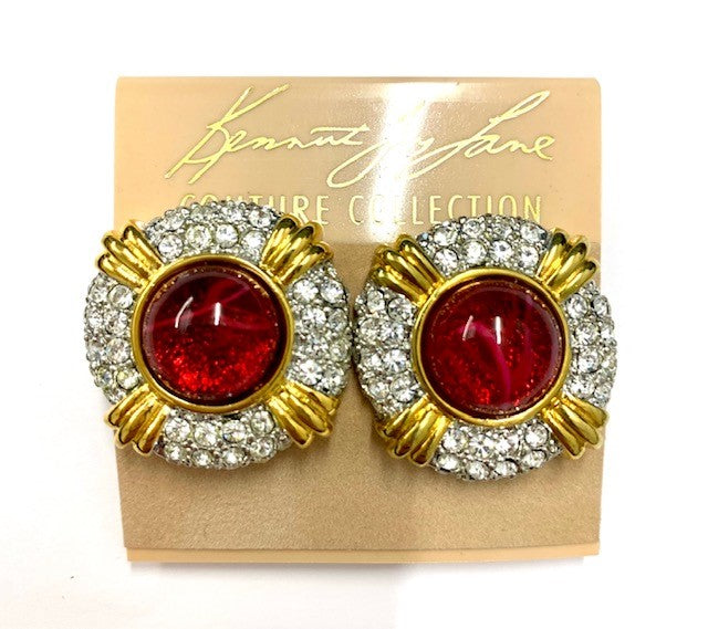 Gold Two Tone Crystal Ruby Center Button Clip Earring